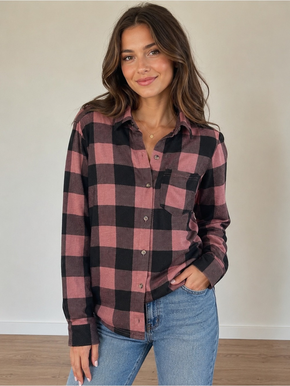 Bluenotes Black and Pink Plaid Boyfriend Fit Shirt
